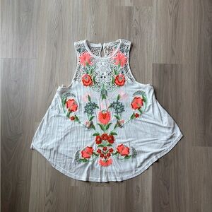 Free People White Sleeveless Top with Coral Floral Embroidery